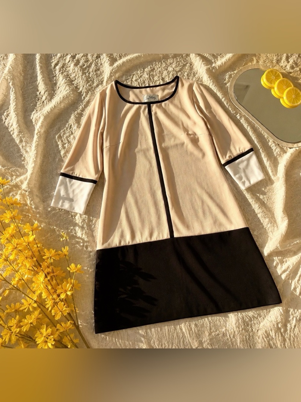Joseph Ribkoff Cream and Black Colorblock Shift Dress